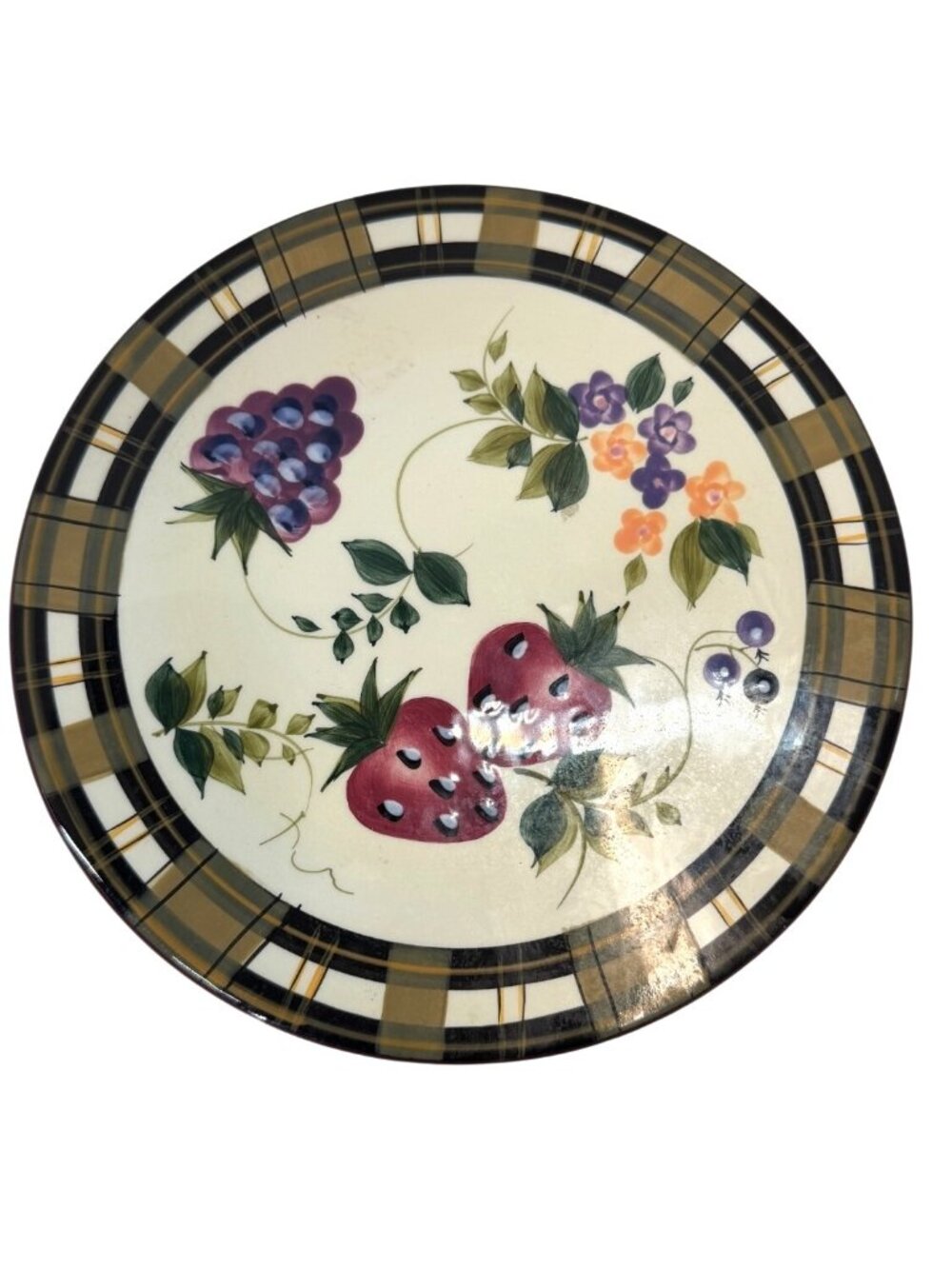 Oneida Strawberry Plaid Ceramic Round Trivet 7 1/2”